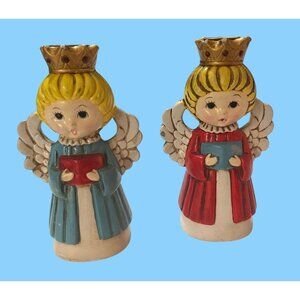 2 Homco  Angel Candleholders Red & Blue Dresses, Gold Crowns with Jewels 60-70's